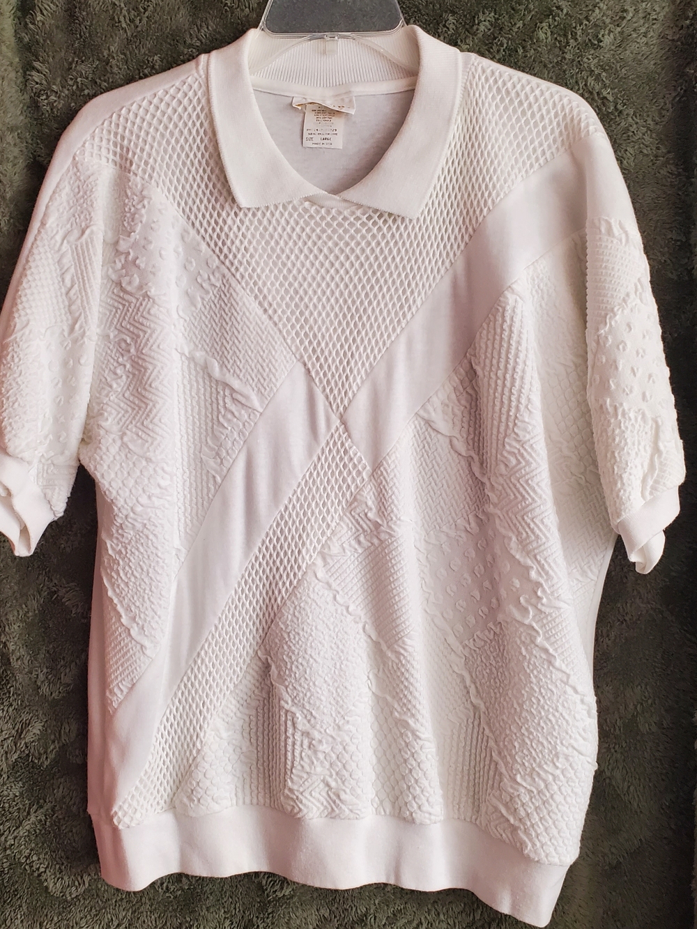 Womens Large Vintage Textured Knit Polo Shirt Retro Country Club Cottage Chic